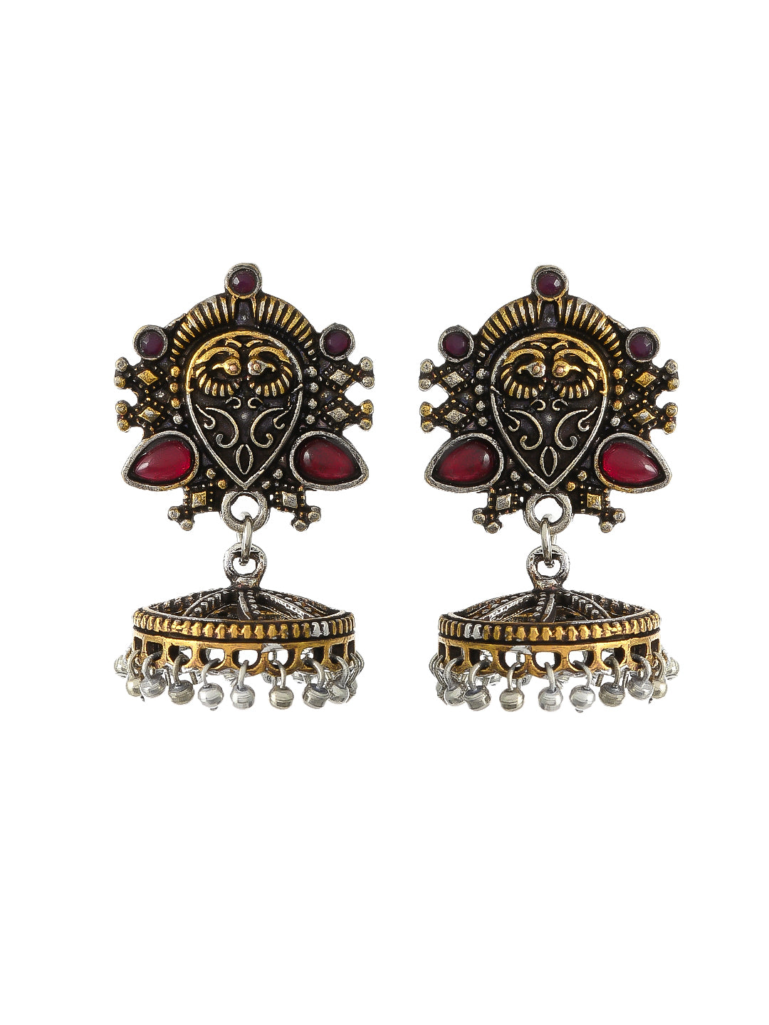 Red Stone Silver Gold Tone Stud Jhumka Earrings