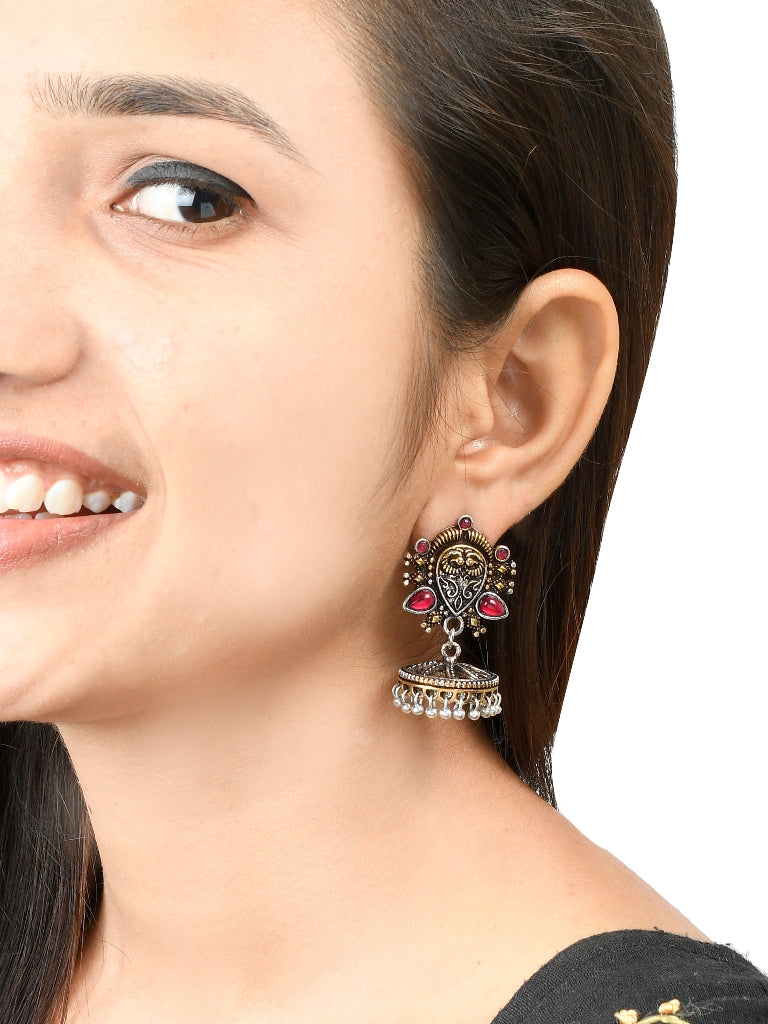 Green Stone Oxidised Jhumka Earring For Women