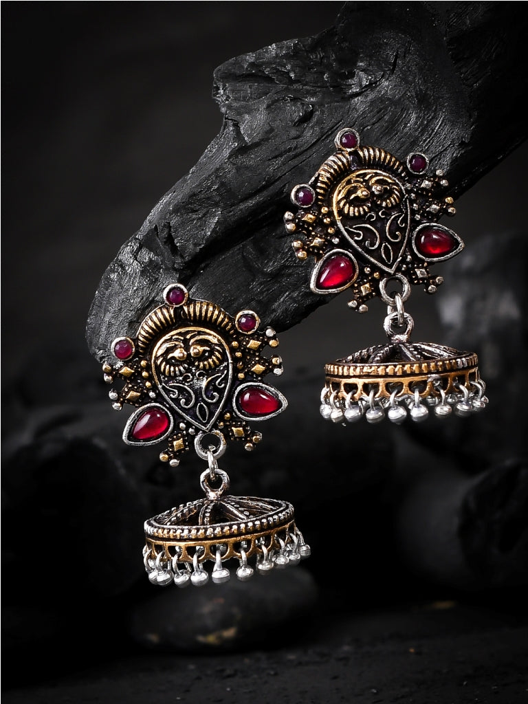 Red Stone Silver Gold Tone Stud Jhumka Earrings