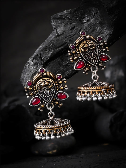 Red Stone Silver Gold Tone Stud Jhumka Earrings for Women Online