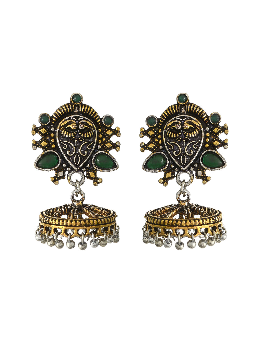 Green Stone Silver Plated Oxidised Jhumka Earring