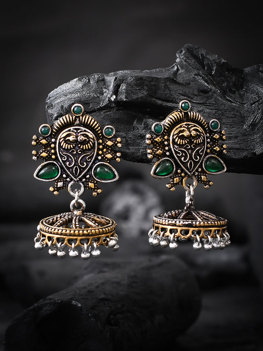 Green Stone Silver Plated Oxidised Jhumka Earrings for Women Online