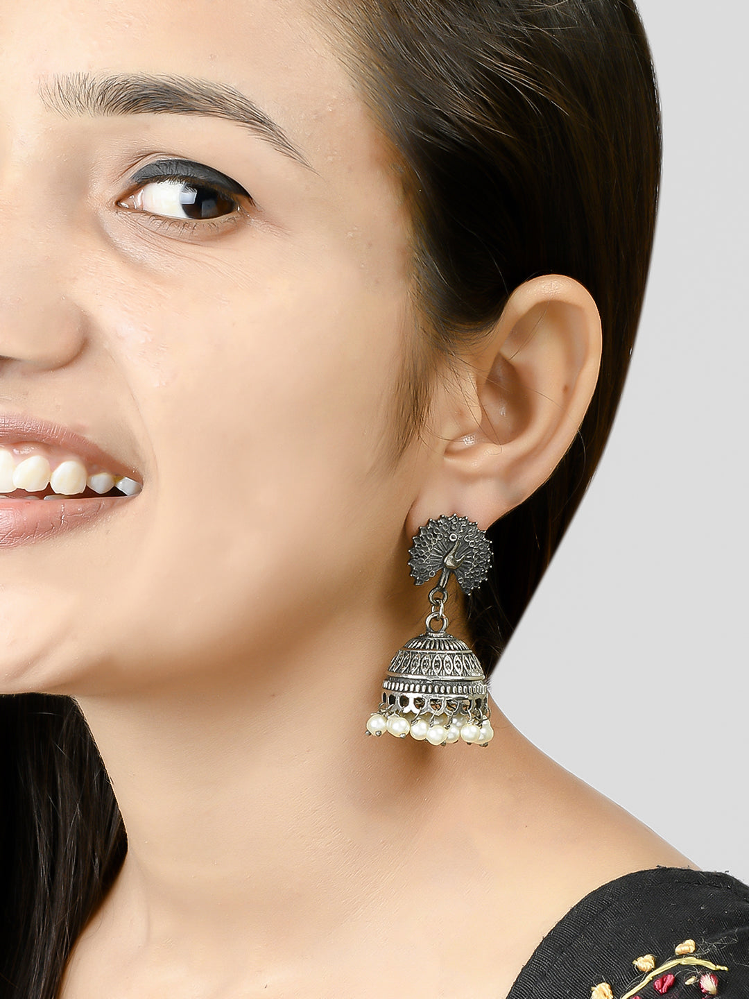 Oxidised Silver Antique Peacock Jhumka For Women