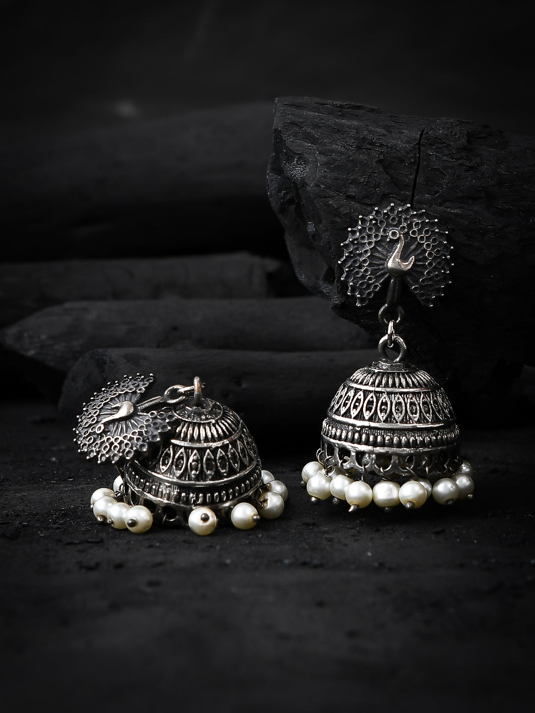 Oxidised Silver Antique Peacock Jhumka - Earrings for Women Online