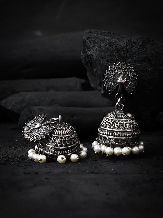 Oxidised Silver Antique Peacock Jhumka For Women