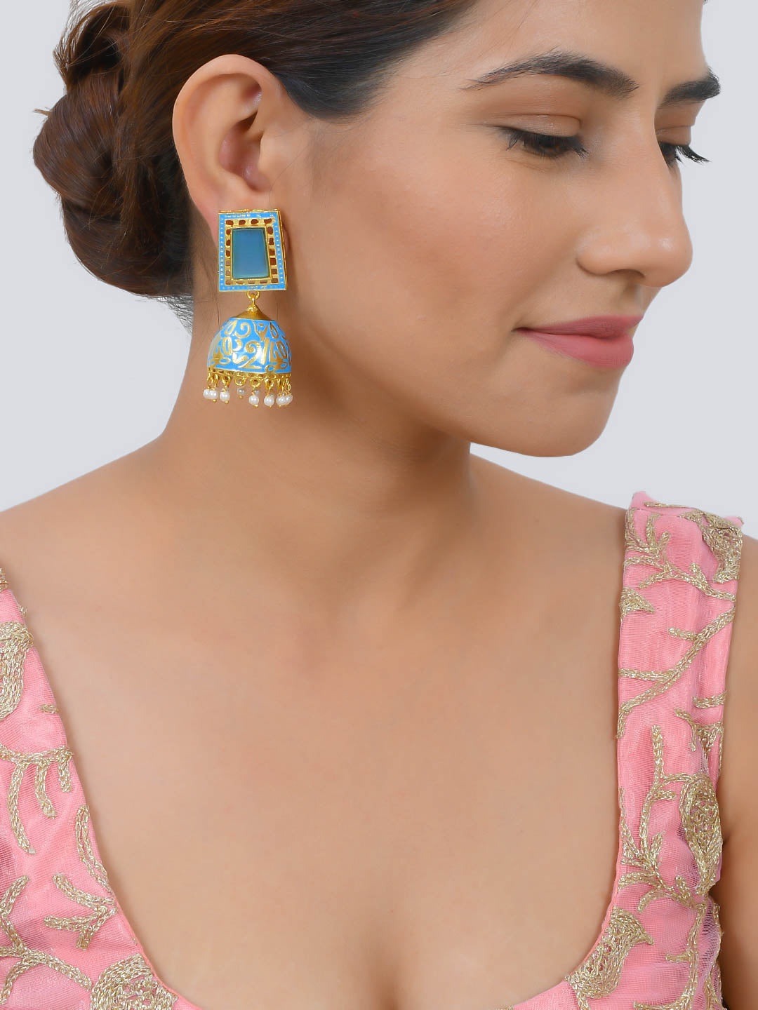 Indian Gold Plated Minakari Pearl Sky Blue Jhumka Earring For Women Girls