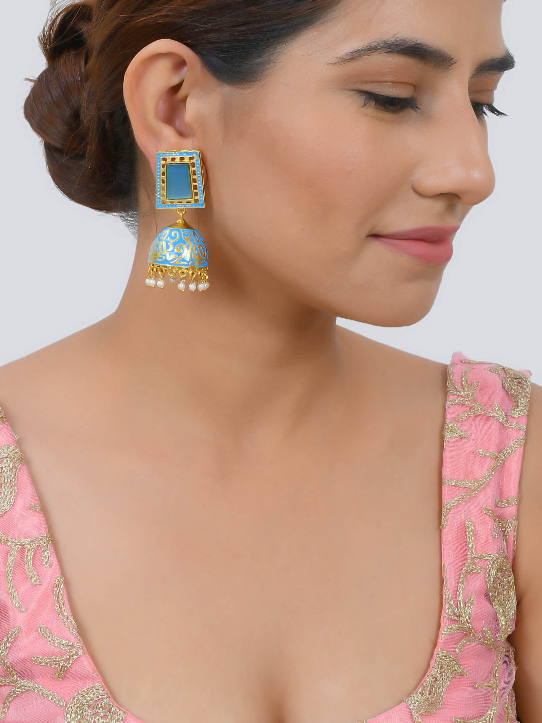 Indian Gold Plated Minakari Pearl Beads Sky Blue Jhumka Earring