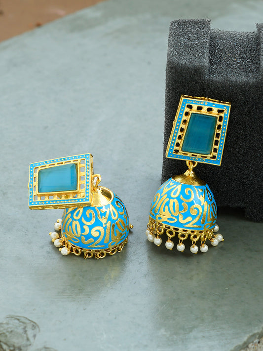 Indian Gold Plated Minakari Pearl Sky Blue Jhumka Earrings for Women Online
