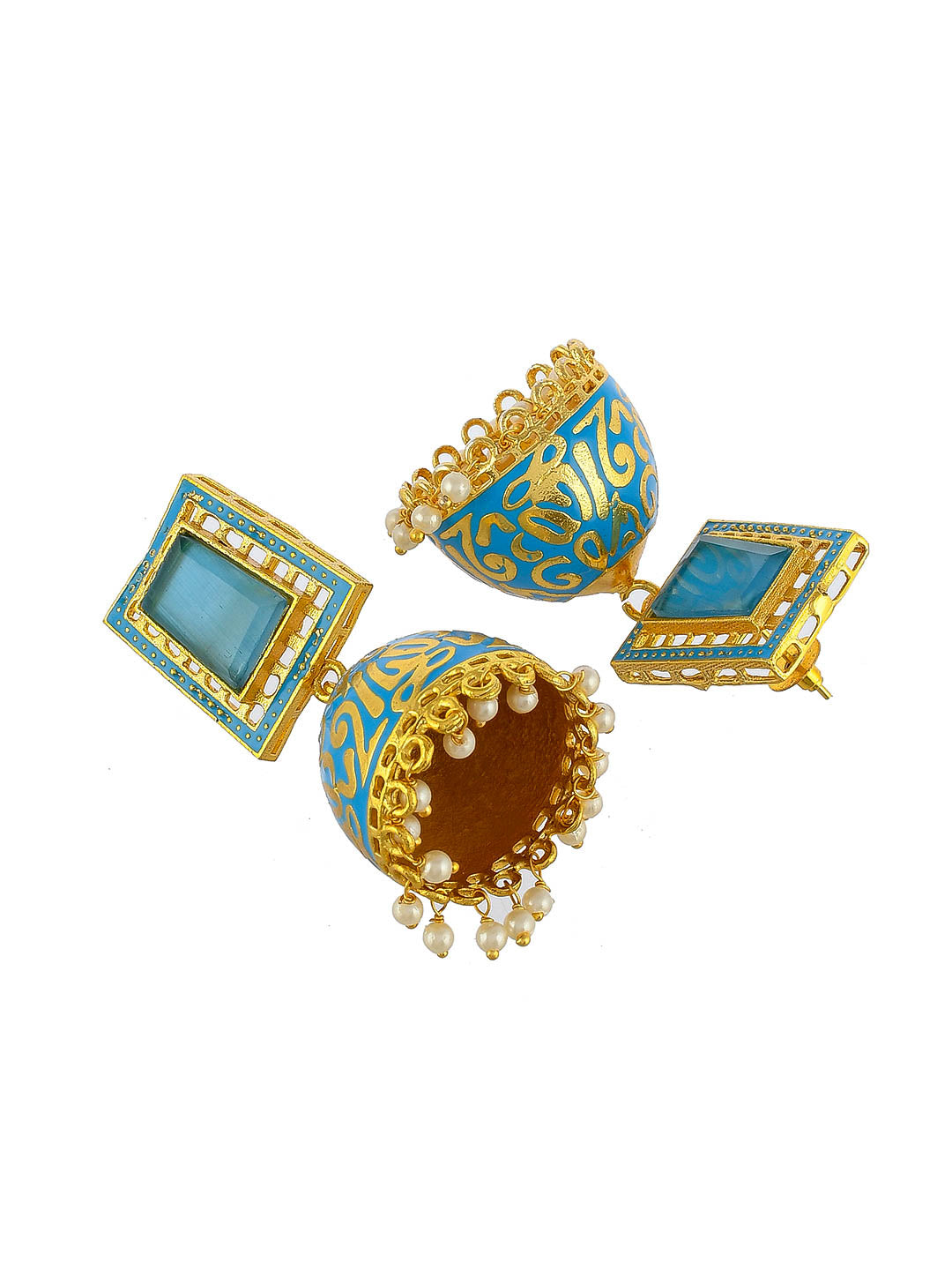 Indian Gold Plated Minakari Pearl Sky Blue Jhumka Earring For Women Girls