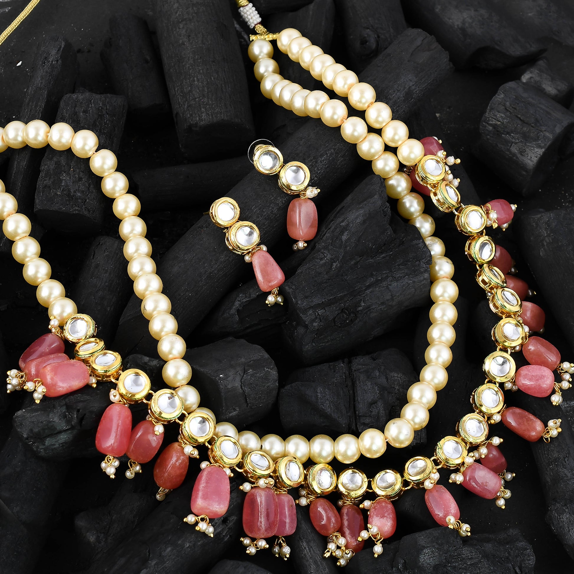 Gold Plated Pearl Pink Stone Stubbed Jewellery Set