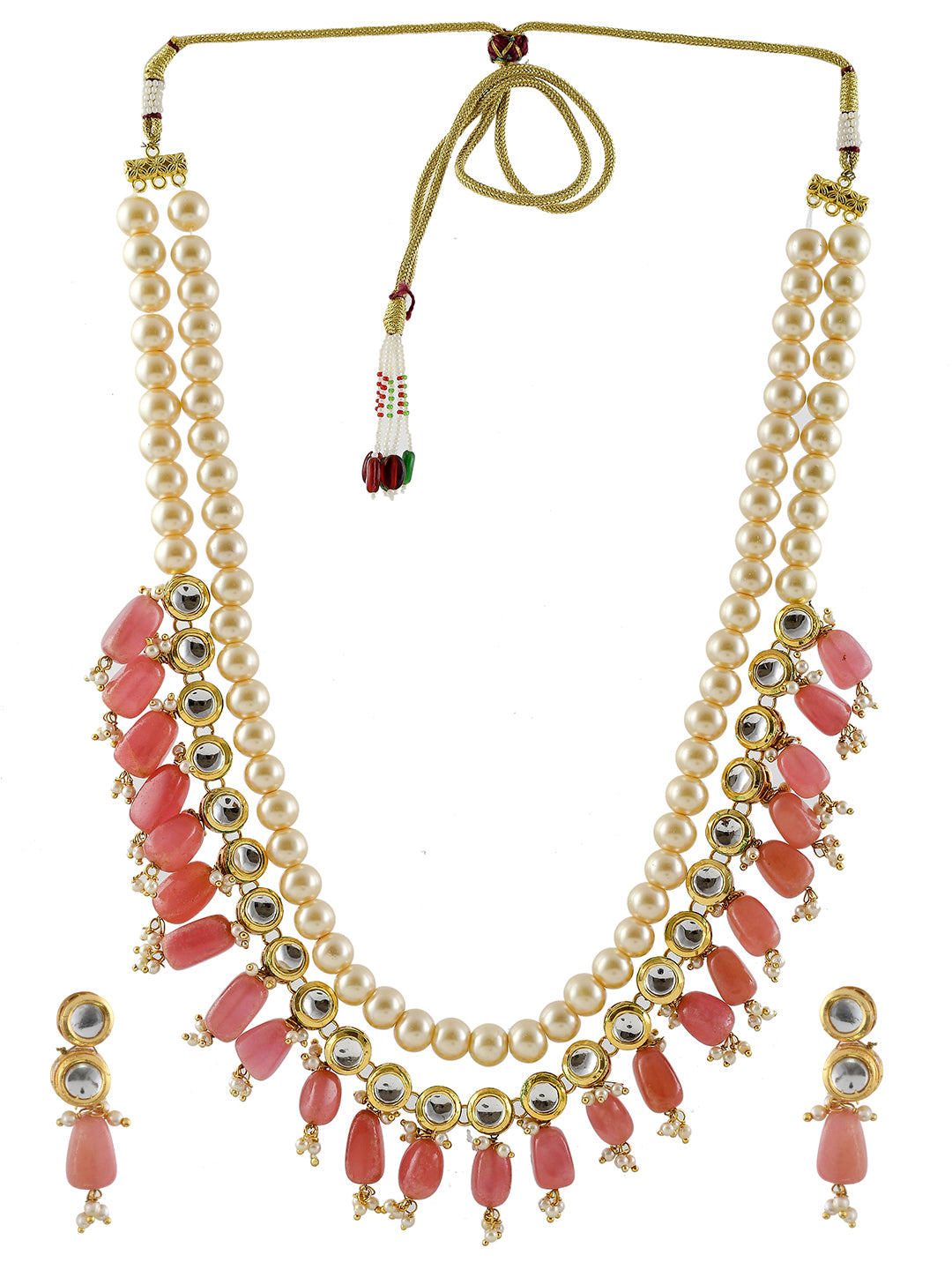 Gold Plated Pearl Pink Stone Stubbed Jewellery Set