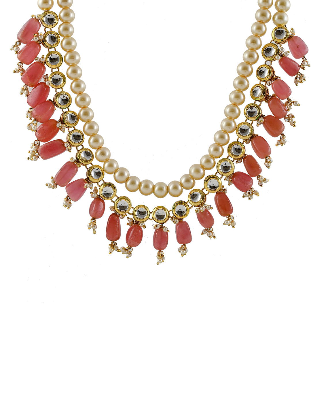 Gold Plated Pearl Pink Stone Stubbed Jewellery Set