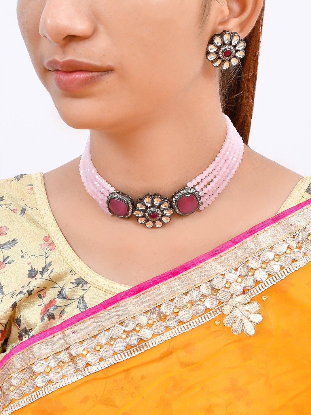 Traditional Rose Quartz Gold Plated Kundan Necklace For Women