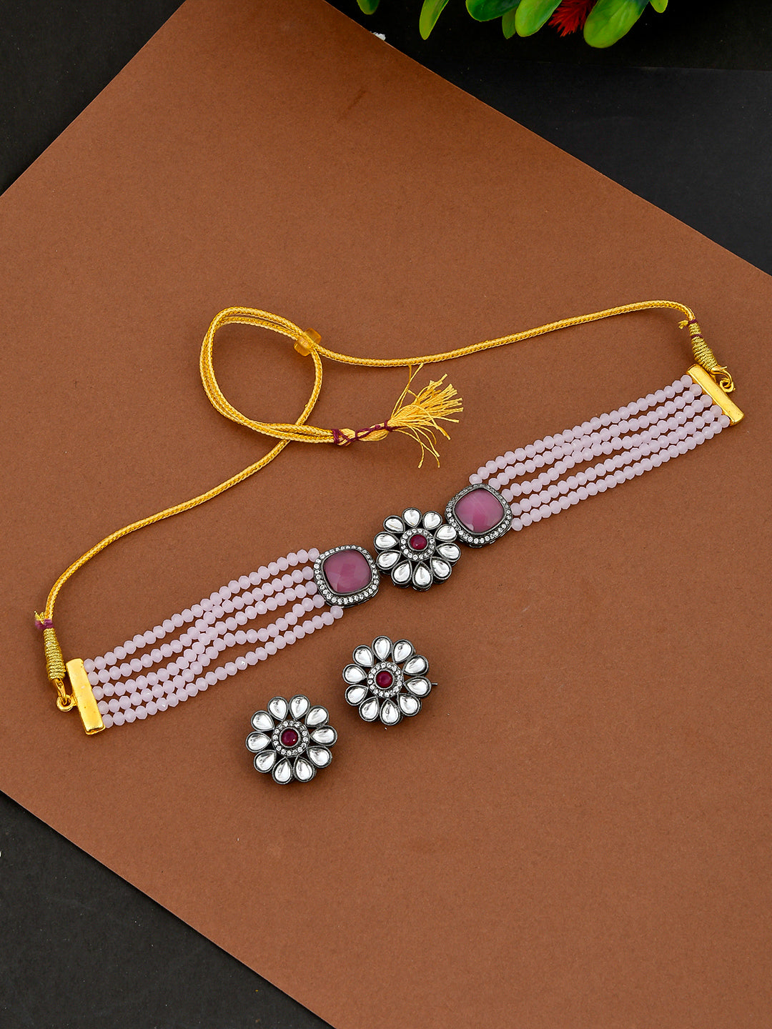 Traditional Rose Quartz Gold Plated Kundan Necklaces for Women Online