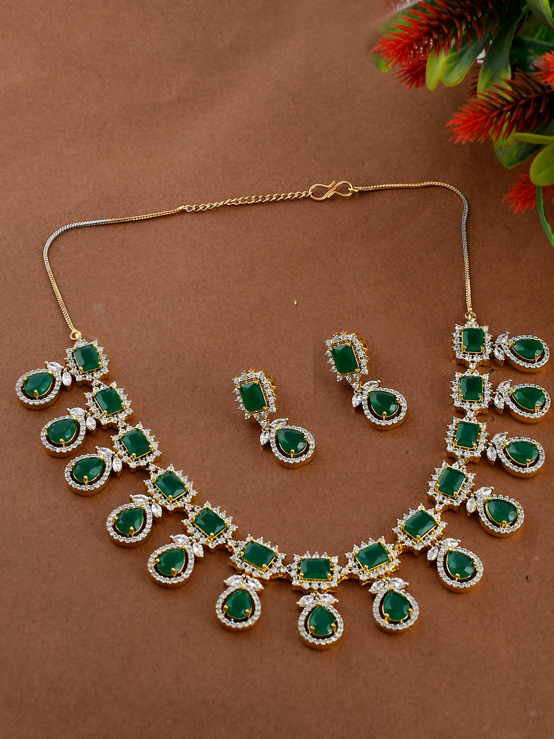 Emerald Green Stone Sparkling American Diamond Necklace Set