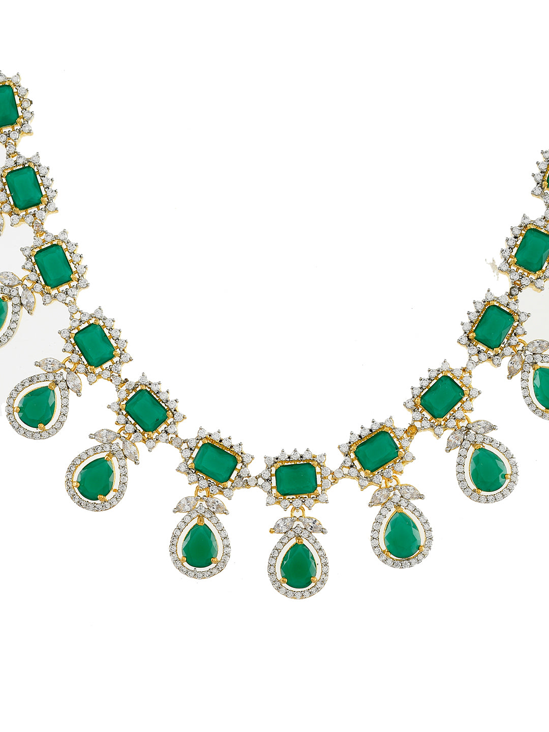 Emerald Green Stone Sparkling American Diamond Necklace Set