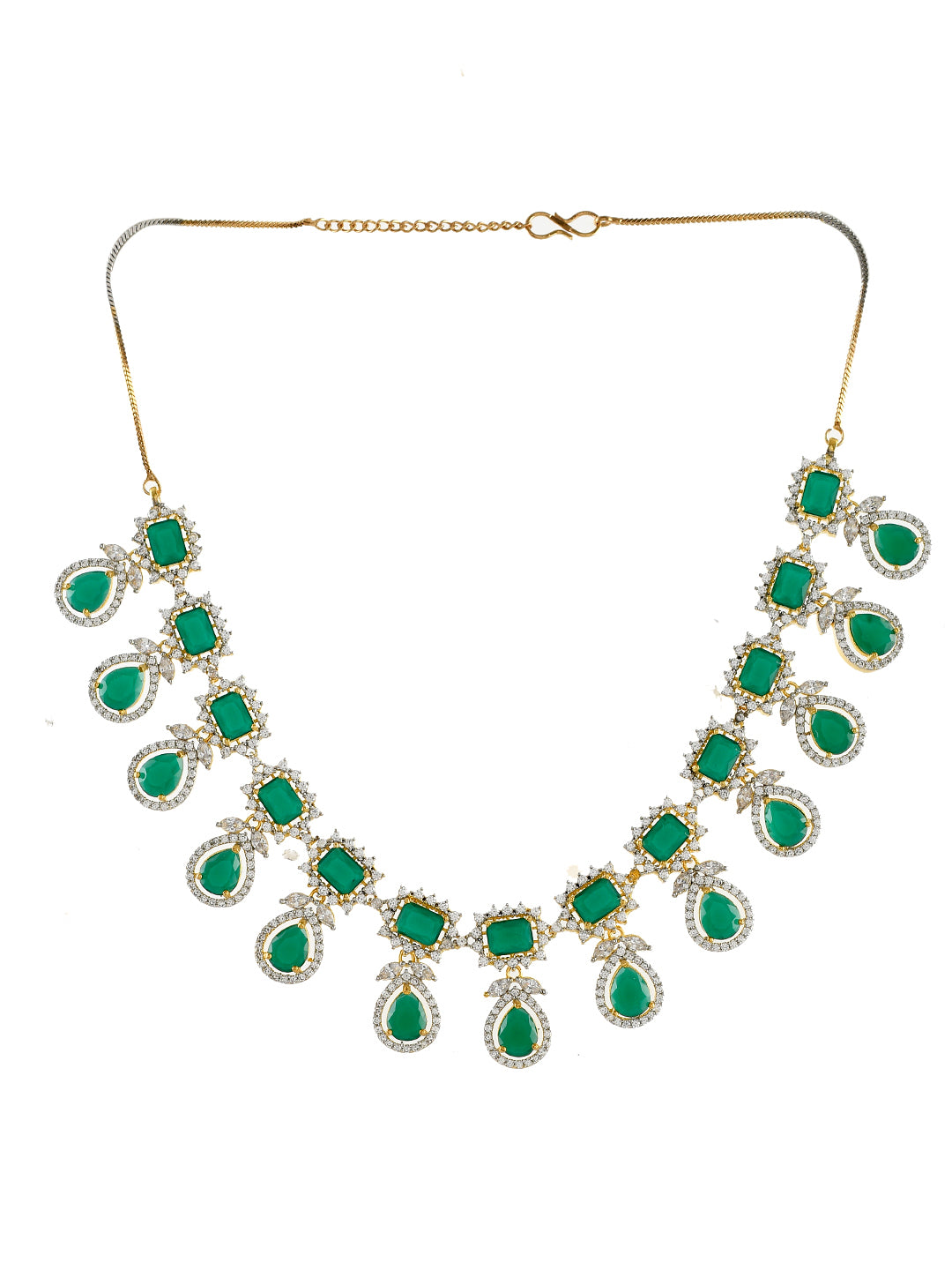 Emerald Green Stone Sparkling American Diamond Necklace Set