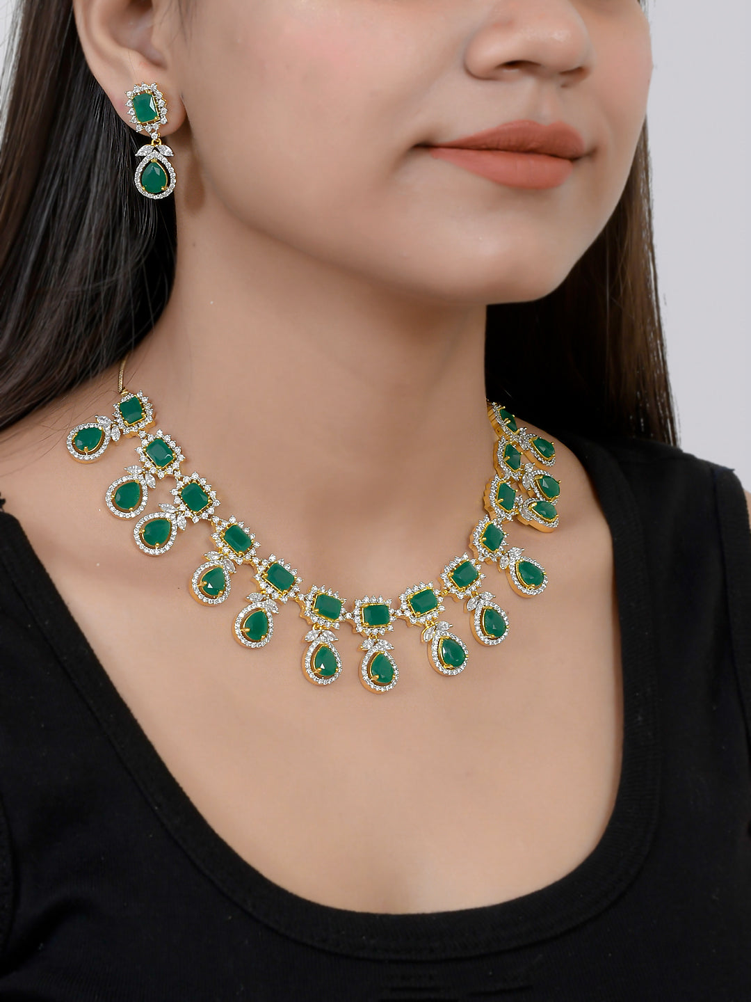 Emerald Green Stone Sparkling American Diamond Necklace Set