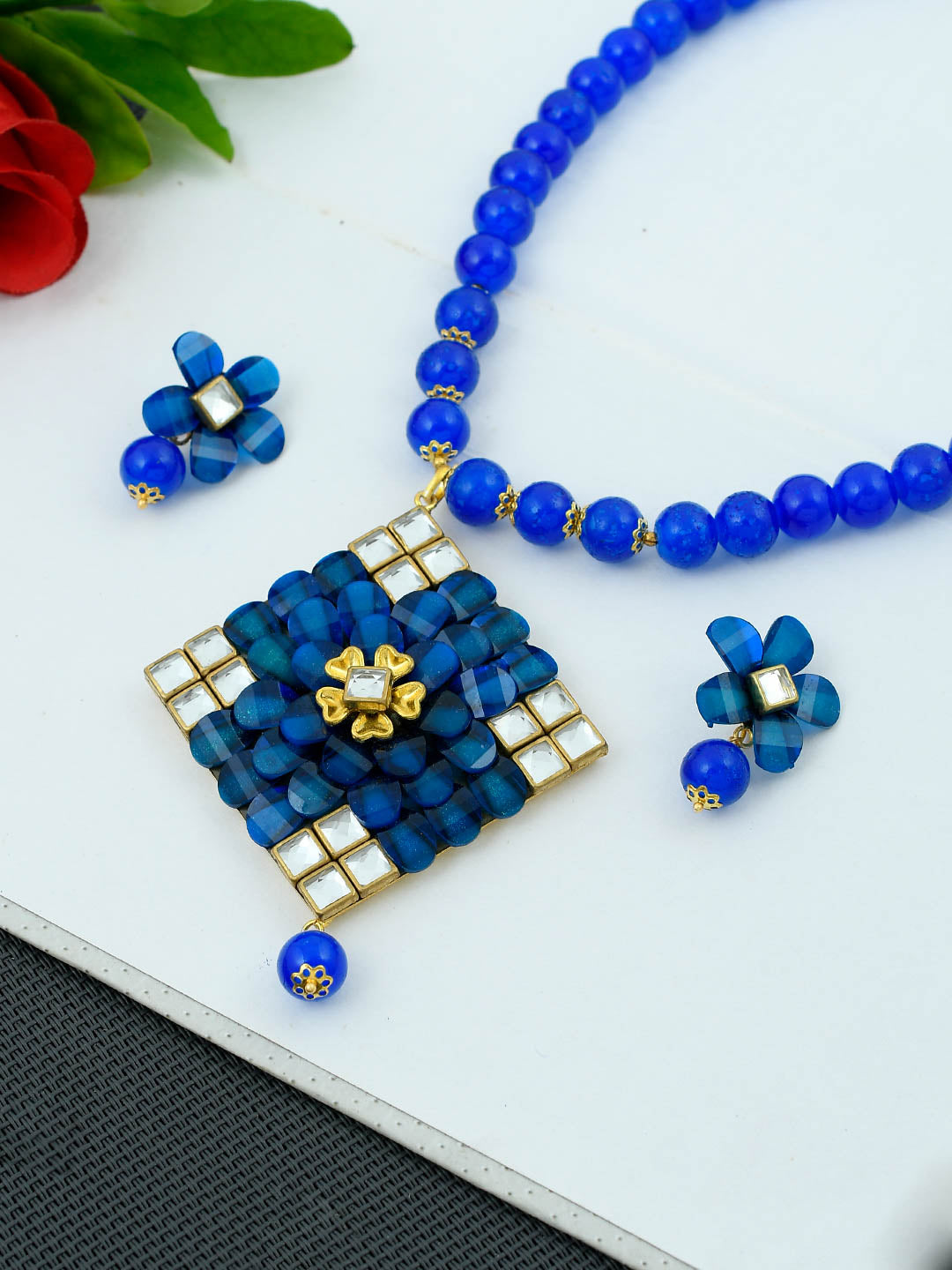 Blue Beads Pendant Set With Earrings for Women Online