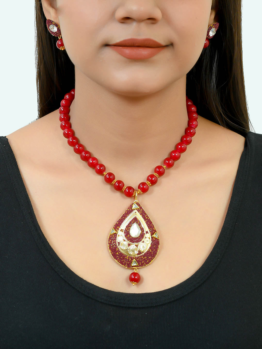 Red Meenakari Long Necklace With Earrings for Women Online