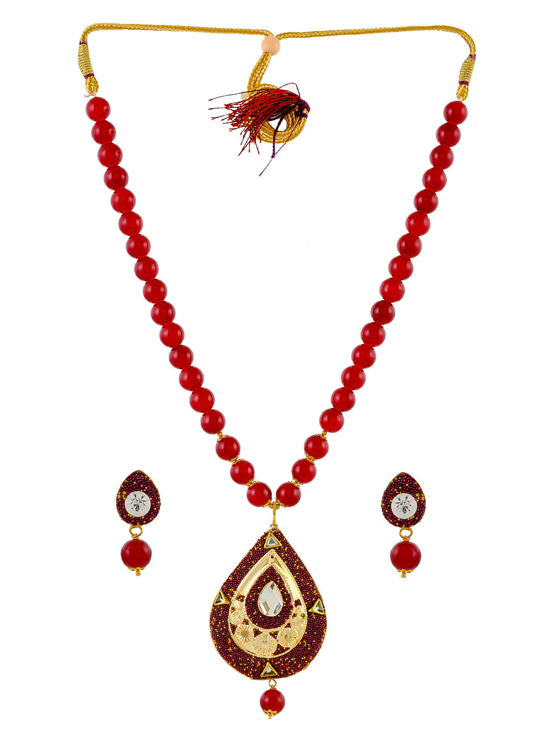 Red Meenakari Long Necklace With Earrings
