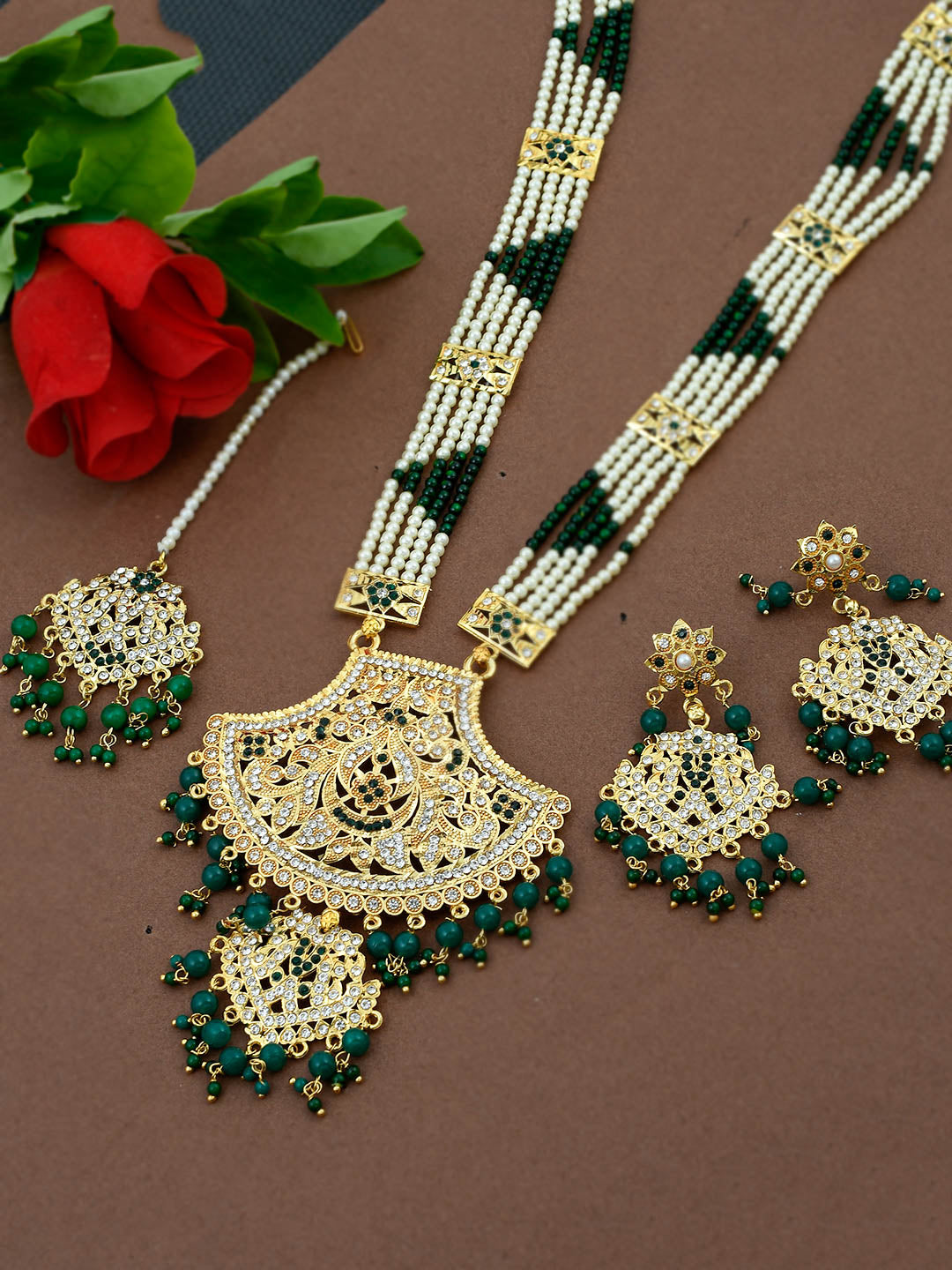 Long Ranihaar Bridal Wedding Jewellery Set With Maang Tika For Women