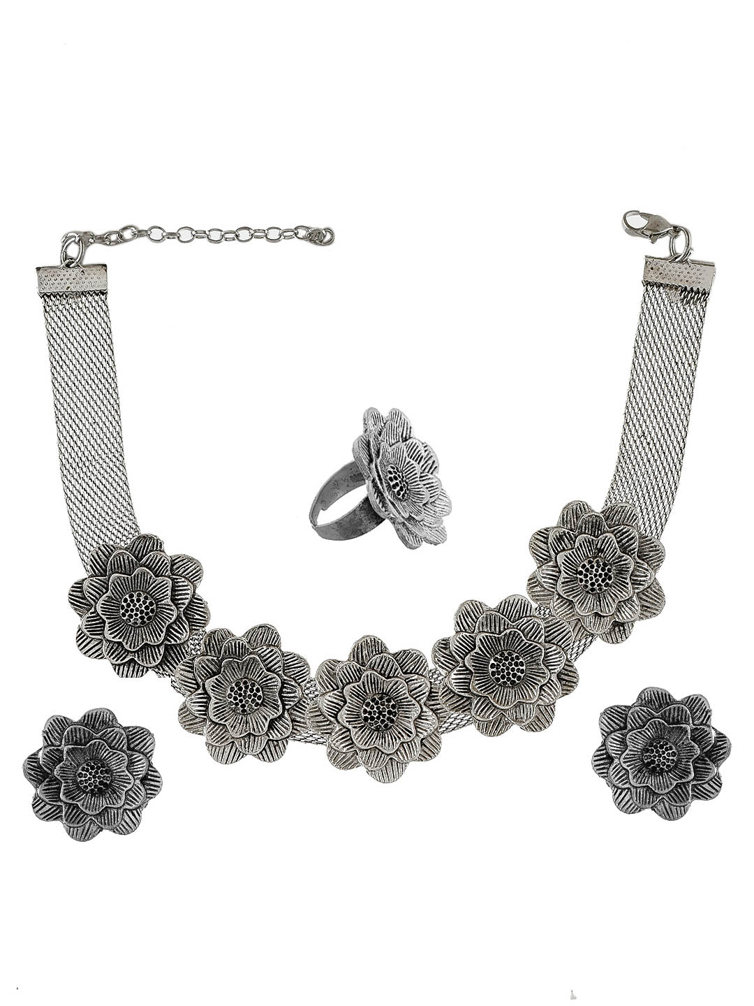 Rose Choker Silver Plated Necklace With Ring And Earrings Jewellery Set For Women And Girl