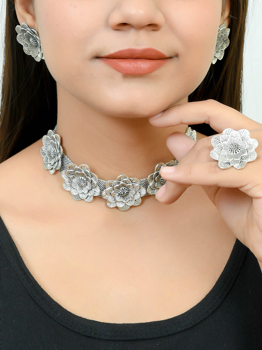 Rose Choker Silver Plated Necklace With Ring and Earrings for Women and Girl Online