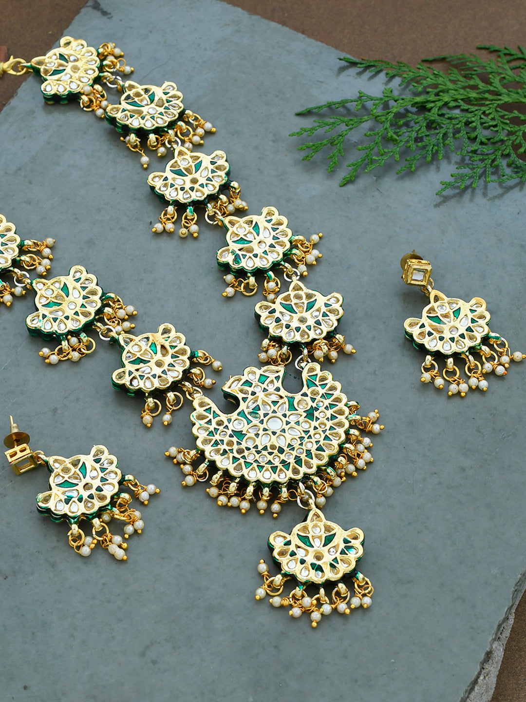 Traditional Indian Golden Green Kundan Meenakari Long Ranihaar Necklace Set For Women