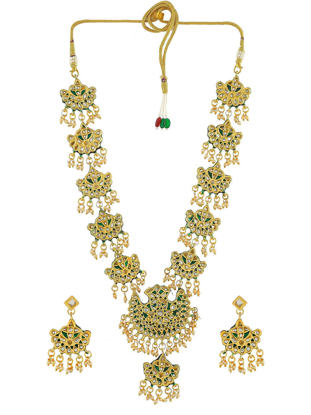 Traditional Indian Golden Green Kundan Meenakari Long Ranihaar Necklace Set For Women