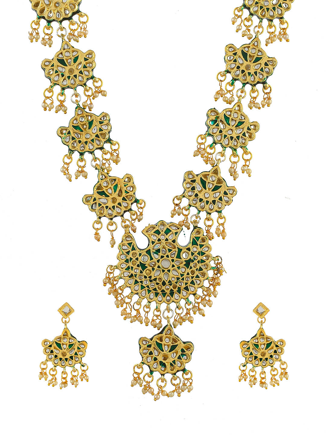 Traditional Indian Golden Green Kundan Meenakari Long Ranihaar Necklace Set For Women