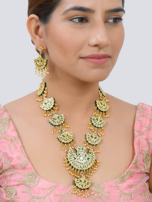 Traditional Indian Golden Green Kundan Meenakari Long Ranihaar Necklace Set for Women Online
