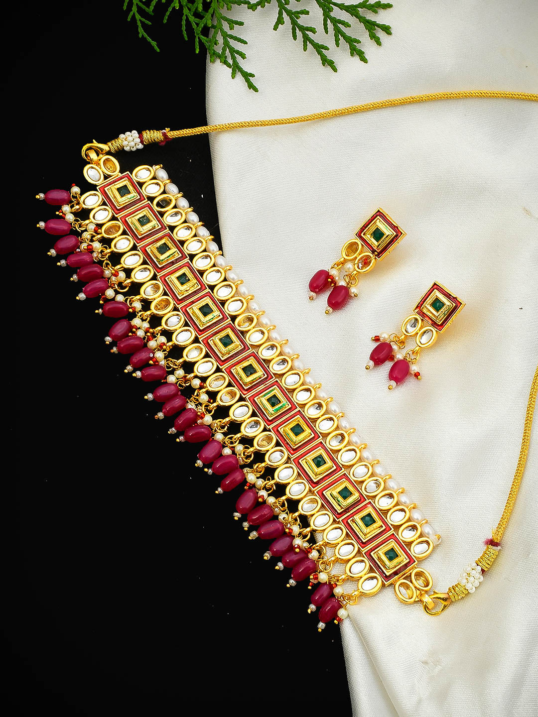 Traditional Gold Plated Red Kundan Jewellery Set For Women Girls