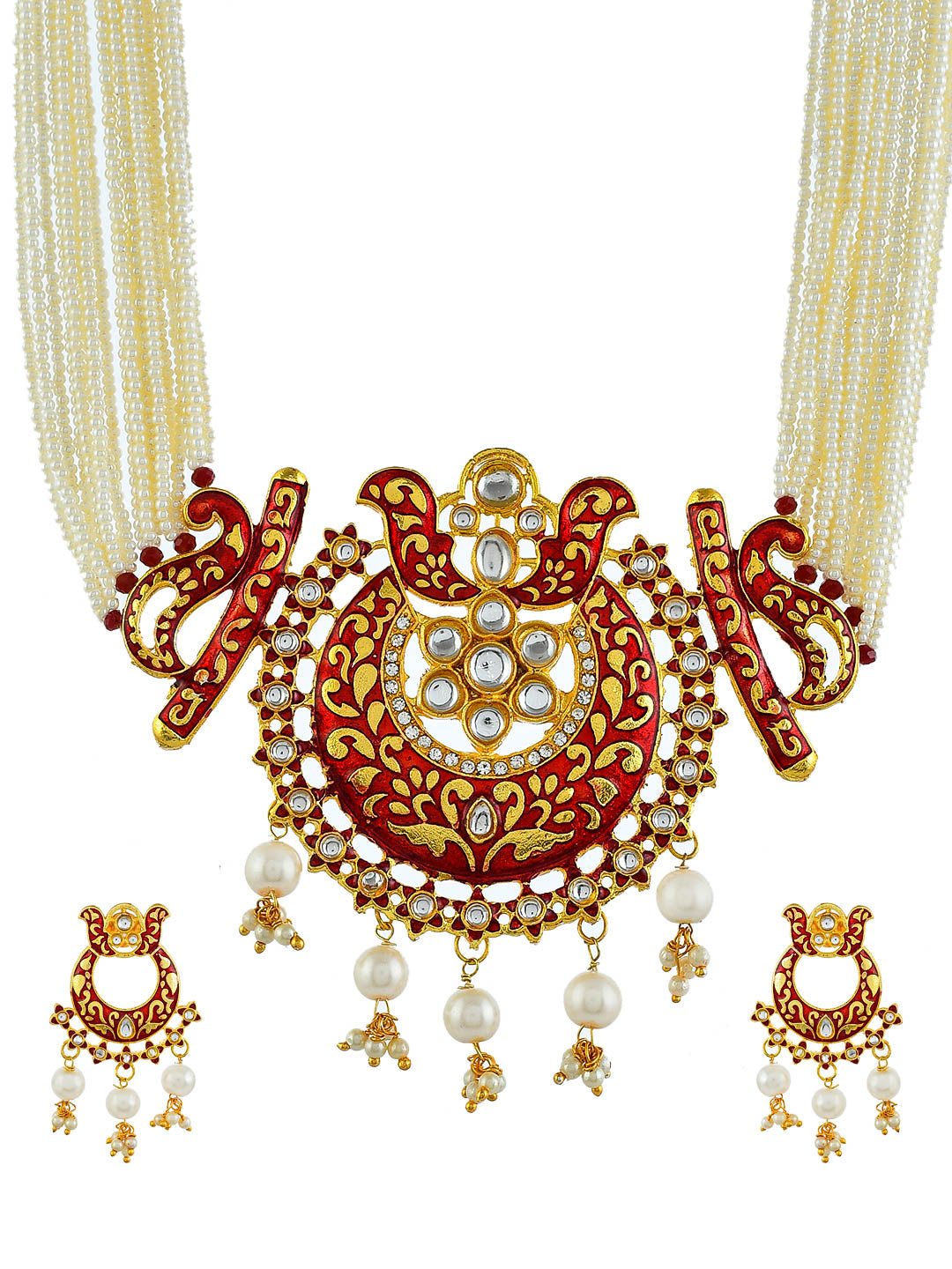 Red Meenakari Kundan Pearl Choker Jewellery Set For Women