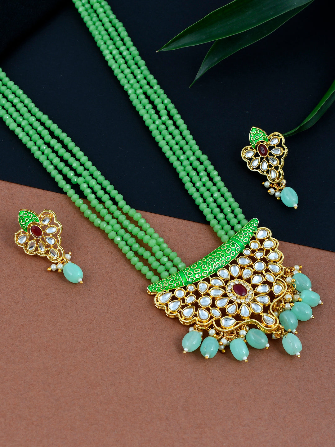 Green Beads Meenakari Pendant Long Jewellery Set For Women