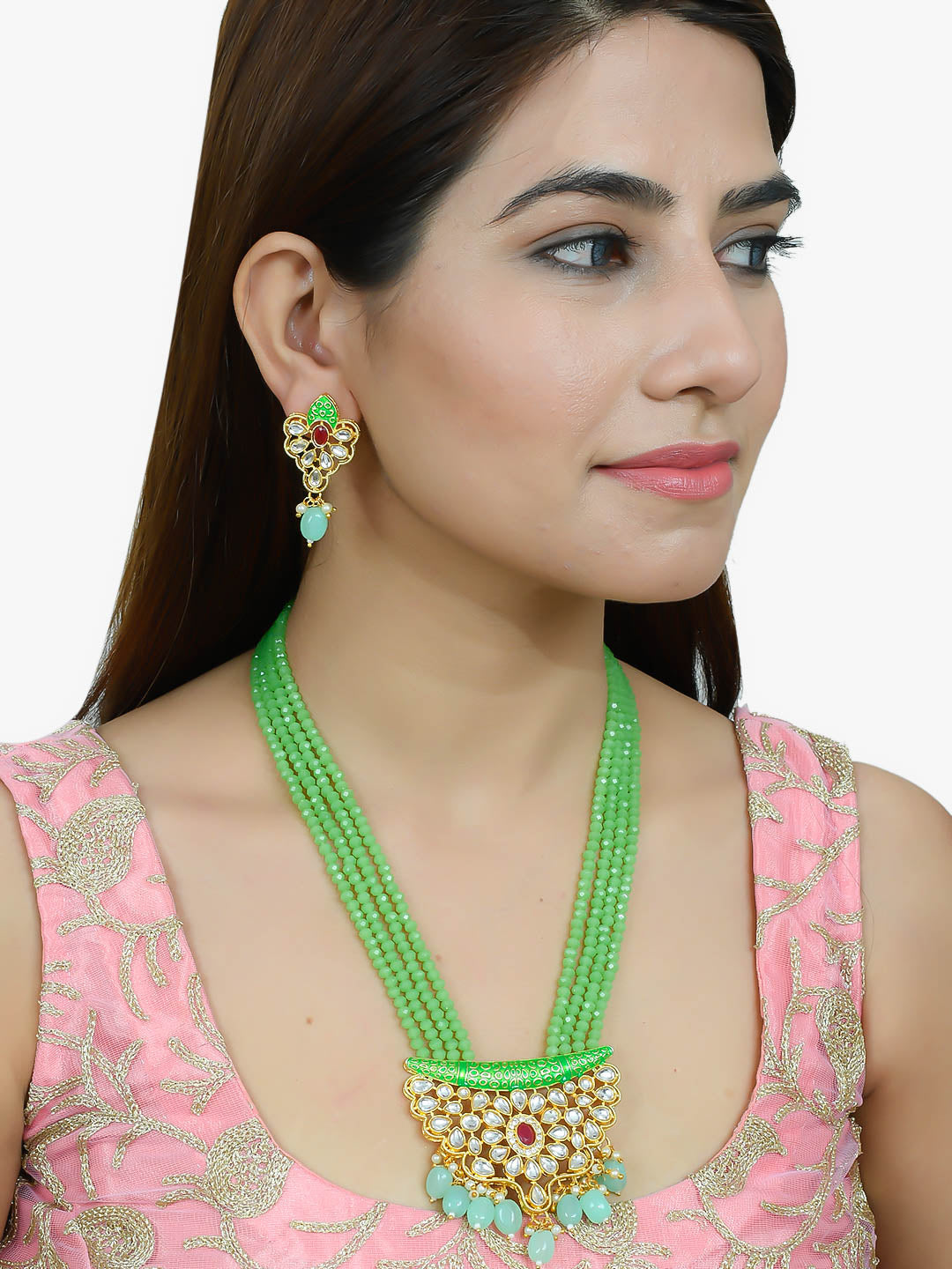 Green Beads Meenakari Pendant Long Jewellery Sets for Women Online