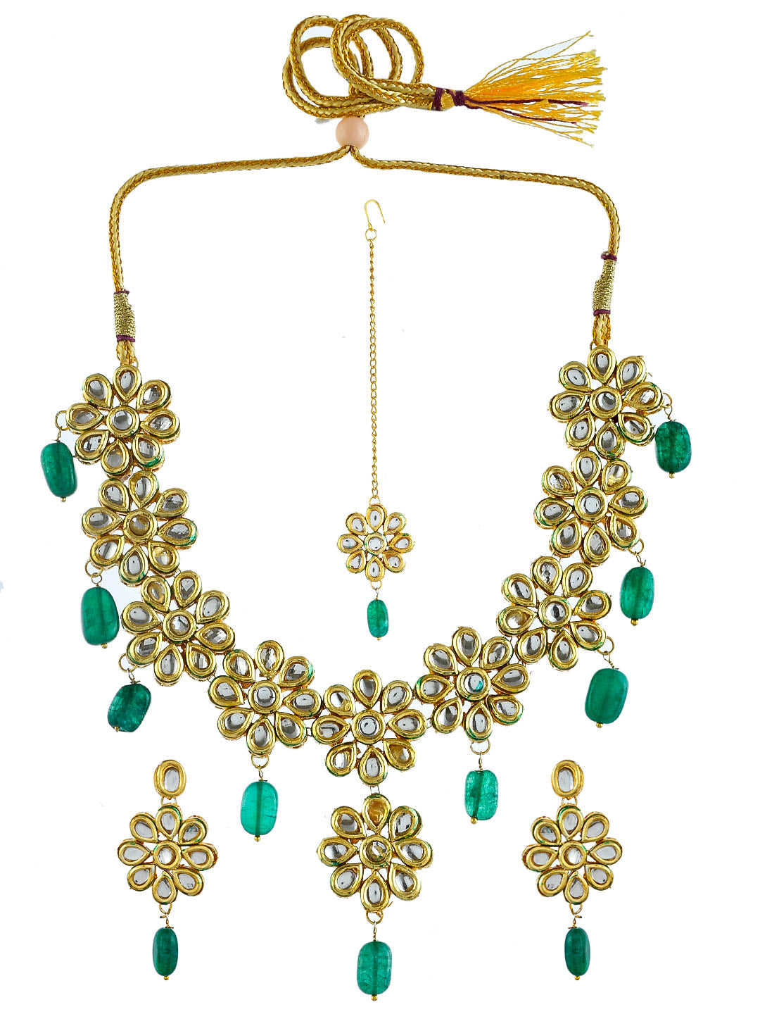 Green Jadau Kundan Gold Plated Bridal Jewellery Set For Women