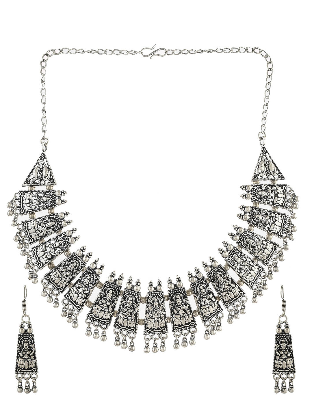 Trendy Oxidised Silver Plated Lakshmi Statement Necklace With Drop Earrings For Women Girls