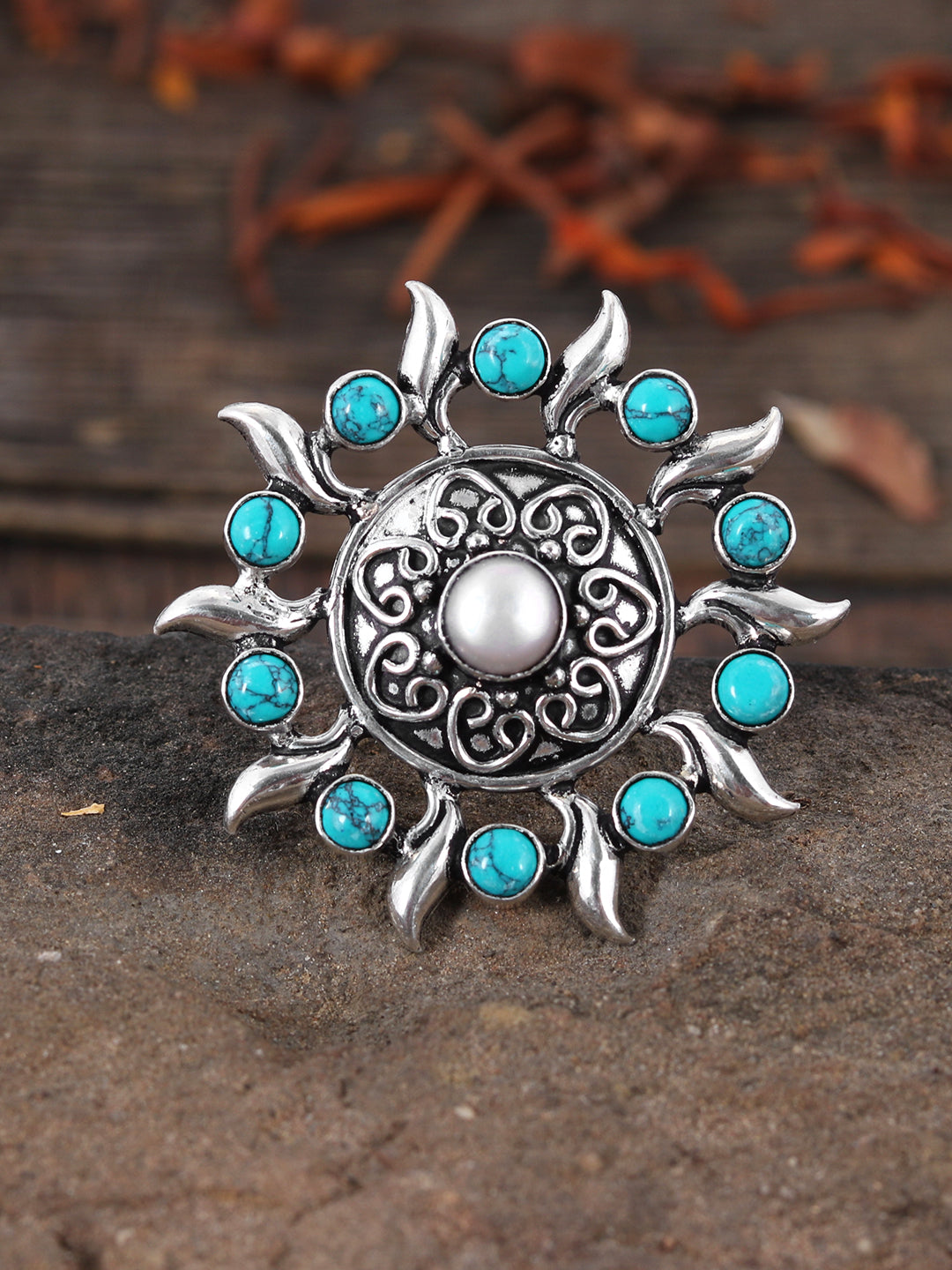 Women Silver Plated & Teal Green Oxidized Turquoise Studded Finger Rings for Women Online