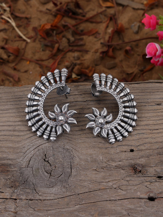 Silver Toned & Grey Floral Studs Earrings for Women Online