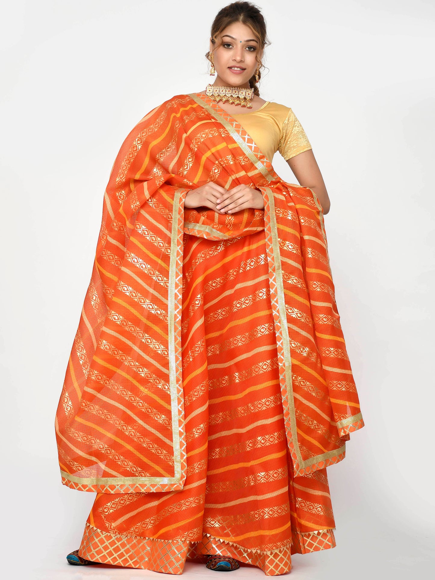 Kesarya Orange Yellow Ready To Wear Lehanga Dupatta With Unstitched Blouse
