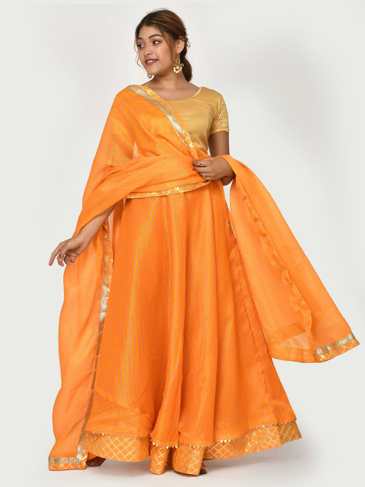 Kesarya Yellow & Gold Leheriya Ready to Wear Lehanga Dupatta With Unstitched Blouse for Women Online