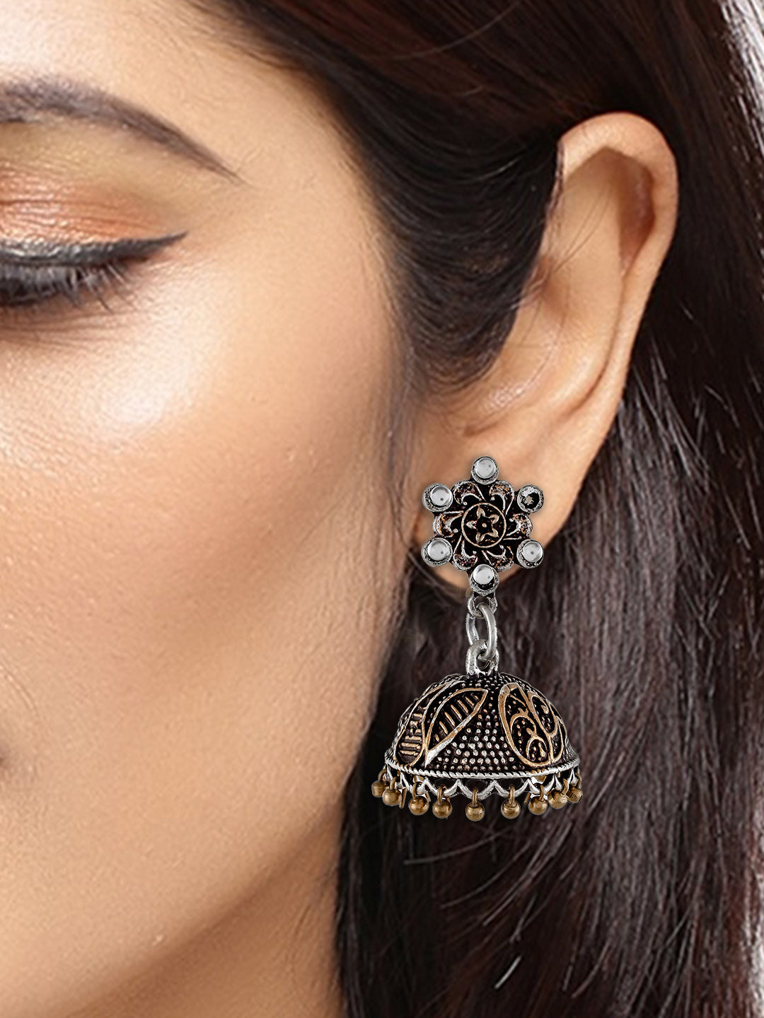 Oxidised Silver Plated Traditional Jhumka Earrings For Women