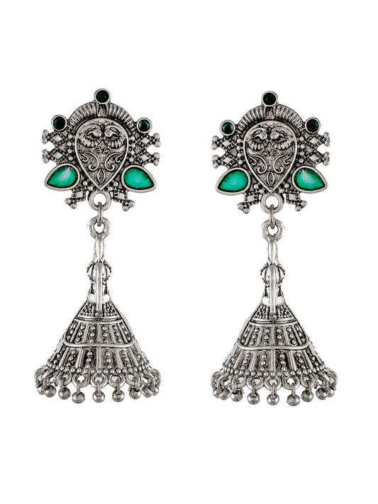 Green Stone Oxidised Silver Ethnic Jhumka Earrings for Women Online