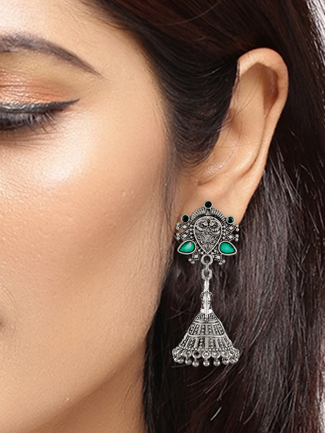 Green Stone Oxidised Silver Ethnic Jhumka Earrings Online