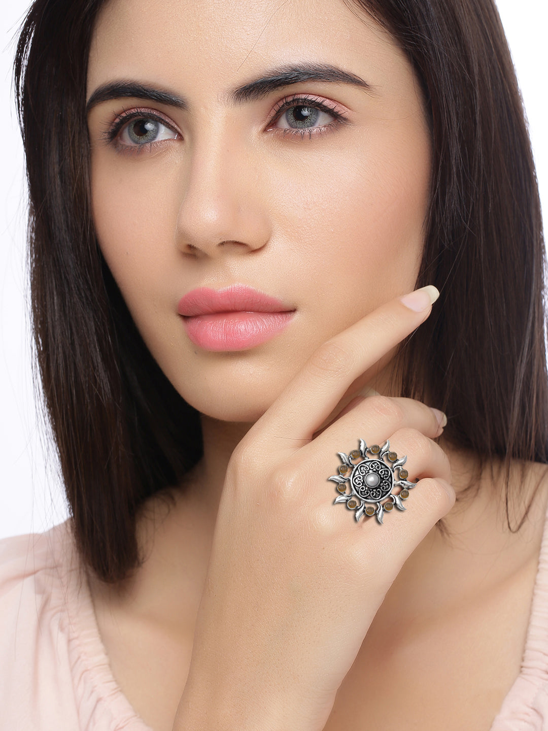 Amyara Oxidised Transparent Floral Adjustable Ring