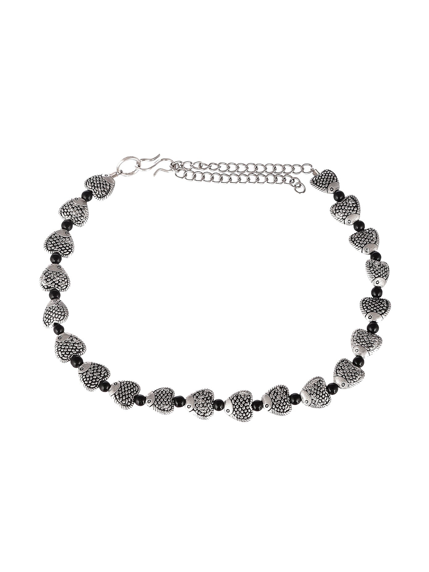 Silver Plated Fish Charm Beaded Oxidised Anklet