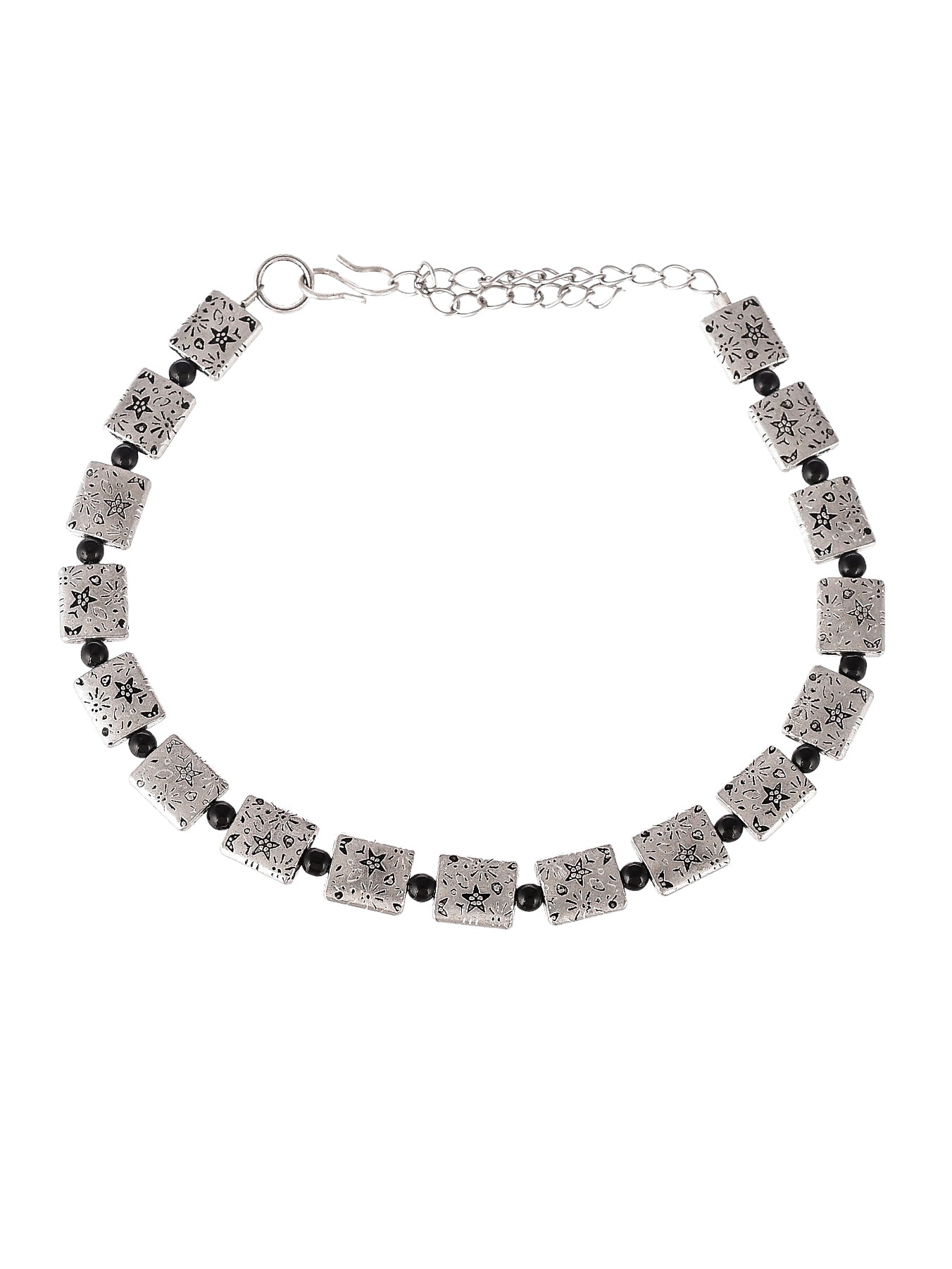 Silver Plated Square Beaded Oxidised Chain Anklet