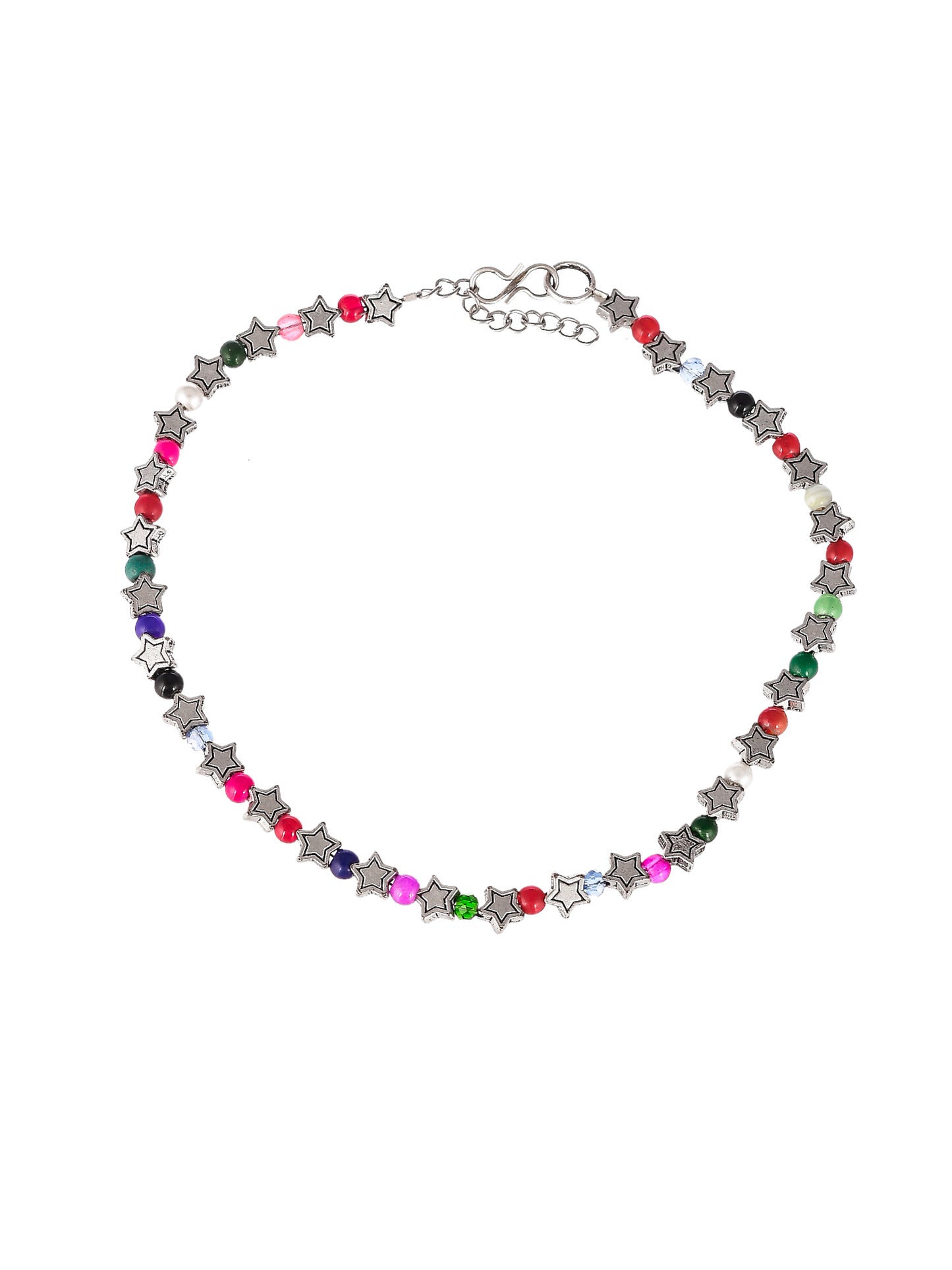 Silver Plated Star Beaded Oxidised Chain Anklet