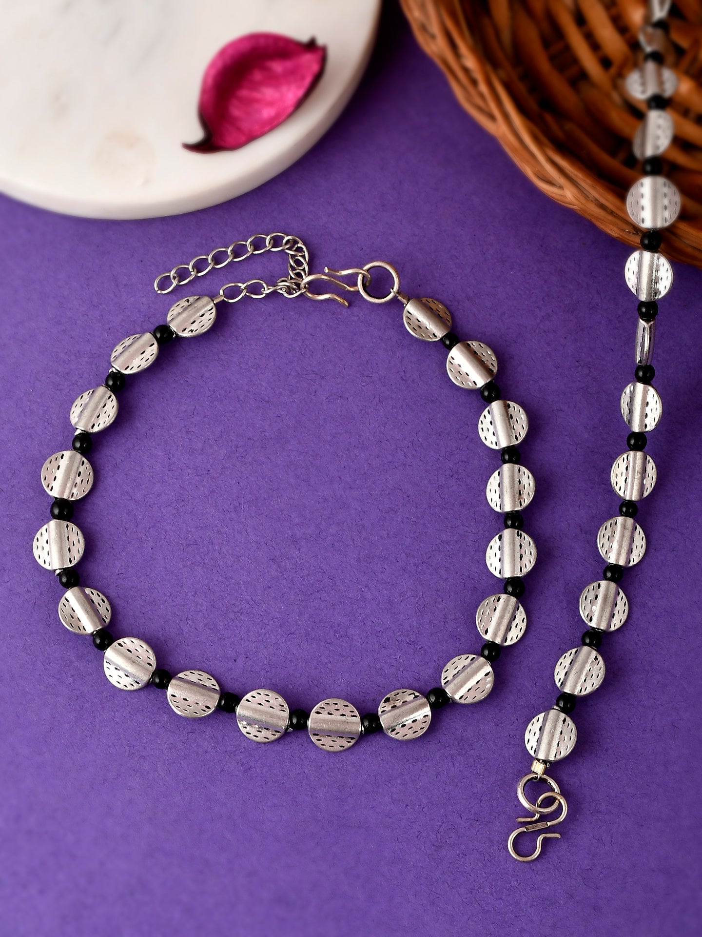 Silver Plated Black Beaded Oxidised Chain Anklets for Women Online